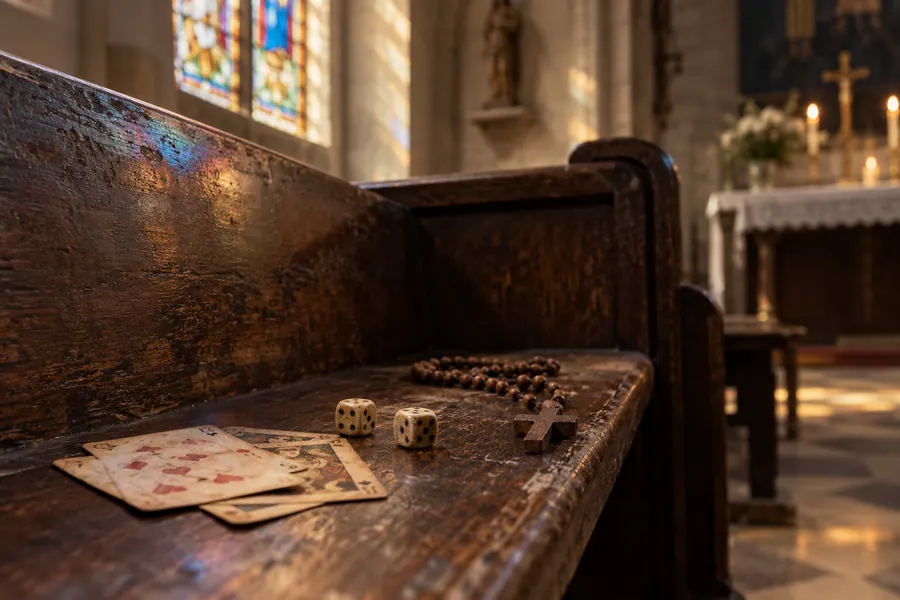 Dés, cartes à jouer et chapelet posés sur un banc d’église